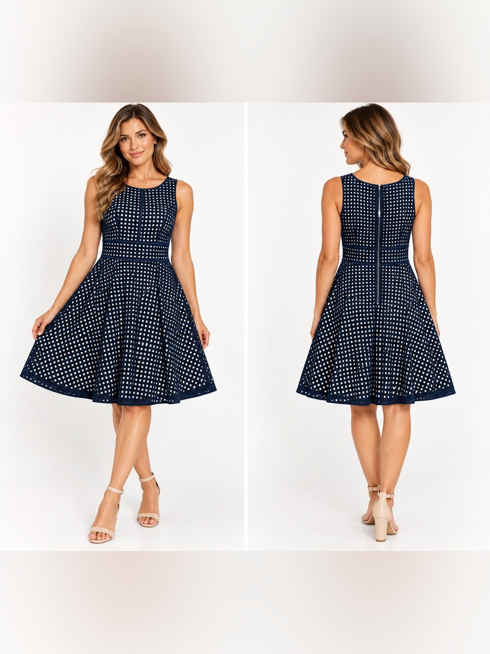 LOFT Navy Blue Eyelet Overlay Fit & Flare A-Line Beige Lined Dress Women Sz 12